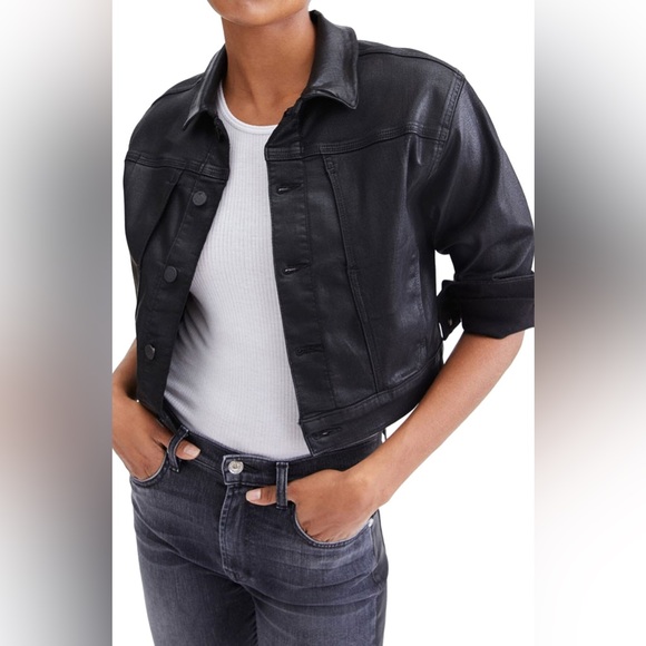 Seven For All Mankind | Cropped Coated denim Jacket | Black | S - Picture 1 of 14